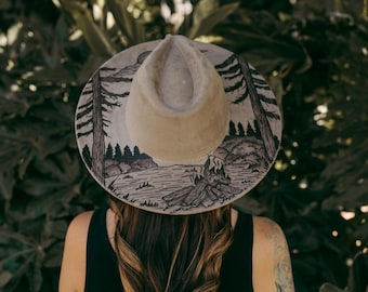 Camping theme hat - hand burned - made to order - vegan suede