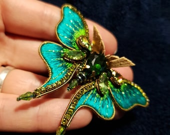 Lunar Moth Brooch , inspired by natural butterflies, Beaded Embroidery Ornament Jewelry