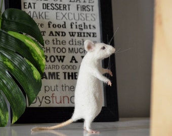 Fake Taxydermy Mouse withbendable arms and tale, White Needle Felt Mice