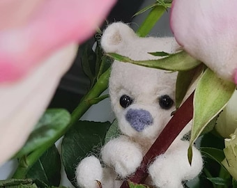 Miniature White Teddy Bear Brooch, Needle Felt Polar Bear Wearable Art Doll