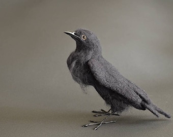 Realistic Crow, Black Raven Life Sized Textile Bird sculpture, Needle felt Taxydermy Animal Figurine