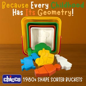 Puede incluir: Un juego de juguetes de clasificación de formas vintage de la década de 1980. El juego incluye cubos cuadrados anidados en amarillo, rojo, verde y blanco, con varias formas geométricas coloridas. El texto de la imagen dice "Because Every Childhood Has Its Geometry!"