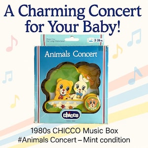 May include: Vintage 1980s Chicco Animals Concert music box. The box features a blue and white design with the text "Animals Concert." Inside, a yellow bear and white rabbit are featured. The box has a push button and the Chicco logo.