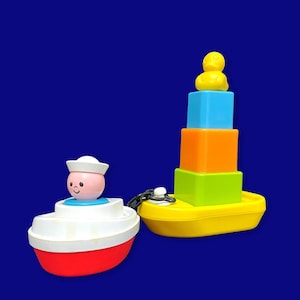 1978-90 Fisher Price Tug Tub and Barge Playset #120 Fisher Price Boat  Vintage Bath Toy