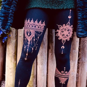 Hand-Drawn Bleach Art Leggings, Henna Garden Design