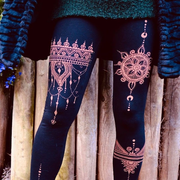 Henna Garden. Handmade Leggings. Yoga Meditation Pants Hippy Boho Unusual Festival Christmas Sustainable Slow Fashion. Ladies Womens Gift