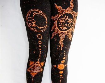 Sun and Moon. Handmade Leggings. Yoga Meditation Pants Hippy Boho Unusual Festival Sustainable Christmas Ladies Womens Gift