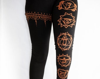 Hand-drawn Bleach-art Leggings. "Chakra" design. Hippy Yoga Festival Goth Tribal Pants, Meditation Gym Tights.
