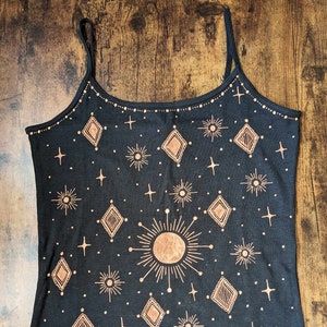 Celestial Vest. Ladies Women's Unisex Strap Top T-shirt,  Cotton, Handmade Summer Clothes, Hippie Festival Boho Black Clothing.
