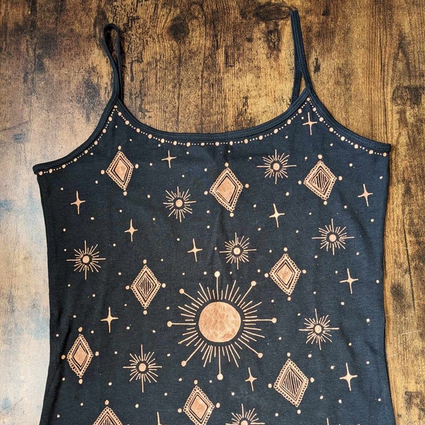 Celestial Vest. Ladies Women's Unisex Strap Top T-shirt,  Cotton, Handmade Summer Clothes, Hippie Festival Boho Black Clothing.