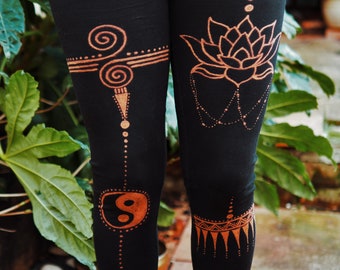 Lotus Flower. Handmade Leggings. Yoga Meditation Yin Yang Pants Hippy Boho Unusual Festival Christmas Sustainable Ladies Womens Gift