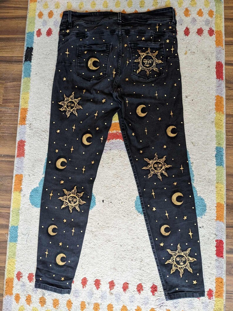 Handdrawn Denim Jeans. Sun and Moon Hippy Bohemian Handmade Upcycled