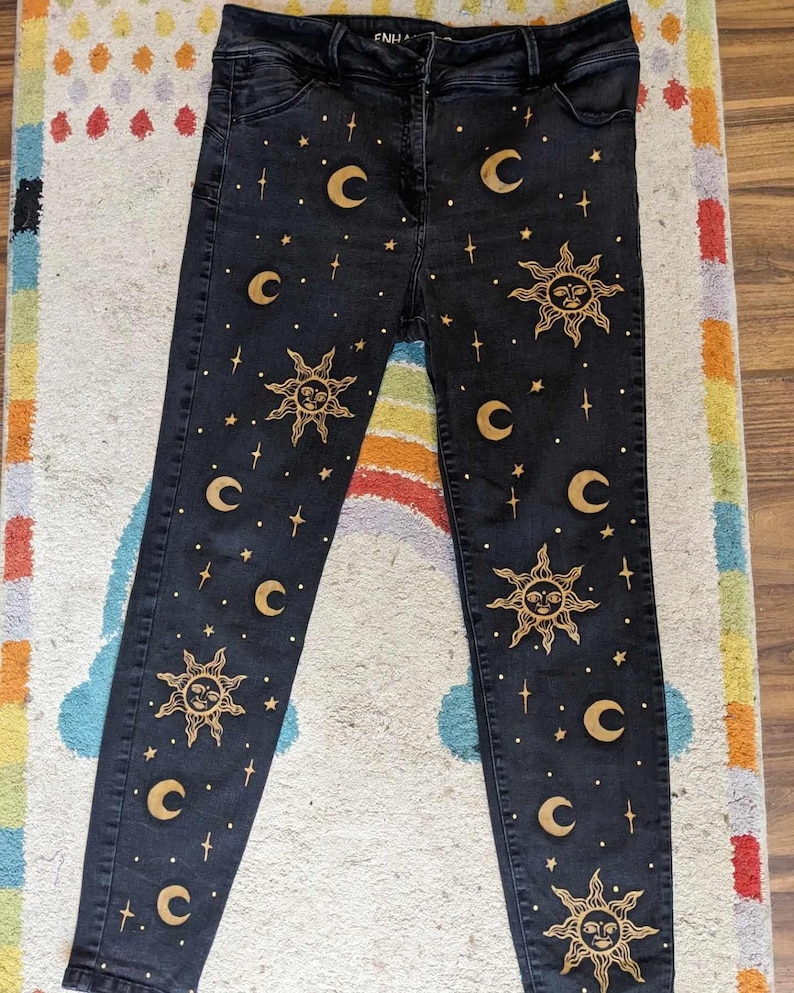 Handdrawn Denim Jeans. Sun and Moon Hippy Bohemian Handmade Upcycled