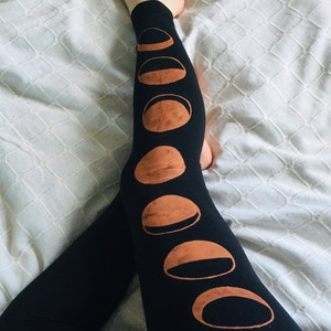 Hand-Drawn Bleach-Art Moon Phases Leggings, Hippie Goth Yoga Pants