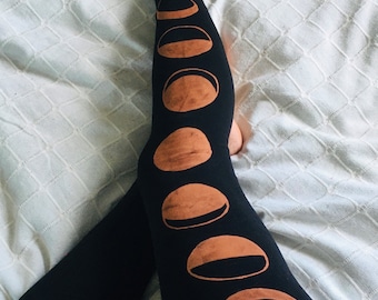 Moon Phases. Handmade Leggings. Yoga Meditation Pants Hippy Boho Unusual Festival Christmas Sustainable Slow Fashion. Ladies Womens Gift