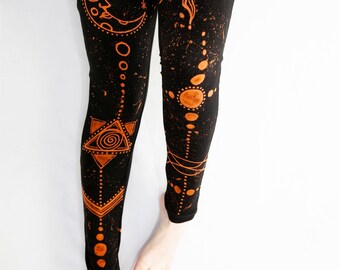 Fairy and Toadstool Hand Bleached Womens Girls Black Leggings 
