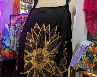 Flower Dungarees. Black Cotton Overalls. Bleach-art Handmade Festival Boho Hippy Jumpsuit. Women's Comfortable One Piece Romper.