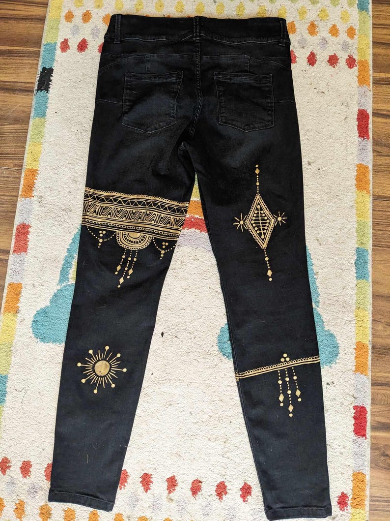 Handdrawn Denim Jeans. Celestial Tribal Hippy Bohemian Handmade Up