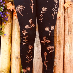 Hand-drawn Bleach-art Leggings. "Wildflower" design. Hippy Yoga Festival Goth Tribal Pants, Meditation Gym Tights.