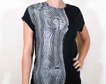 women Organic T-shirts Roll up sleeves  black and White Wood Grain Pine