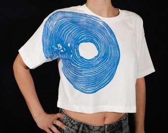 Women Organic cropped T-shirts  Handmade White Blue Wood Grain Birch