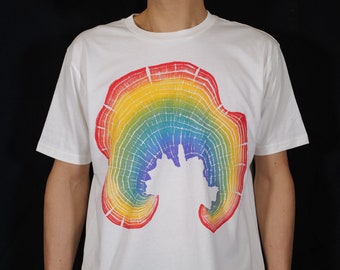Unisex  organic T-shirts White Handmade cotton Rainbow color Wood Grain Oak