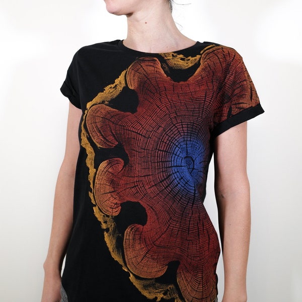 women Organic T-shirts black Roll up sleeves Color Orange / Red / Blue Wood Grain Acacia