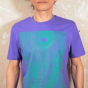 Unisex Biologisch T-shirt Paars Groen Houtnerf Handgemaakt Eén Kleur Print Dennen Japan