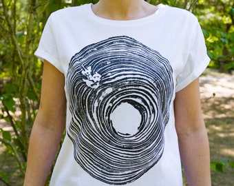 Women Organic T-shirts black and White Handmade Wood Grain Birch