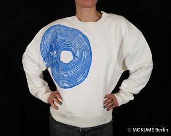 Women  Drop Shoulder Sweatshirt white organic cotton Handmade Blue color print Wood Birch