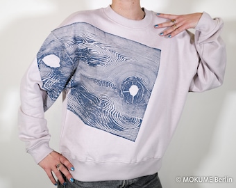 Women  Drop Shoulder Sweatshirt Pastel Rose organic cotton Handmade Grayish Blue color print Wood Pine from Japan