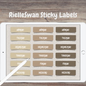 May include: A digital tablet screen displaying a set of brown and beige sticky note labels with the days of the week written on them. The labels are arranged in a grid pattern with three columns and six rows. The labels are labelled "Monday", "Tuesday", "Wednesday", "Thursday", "Friday", and "Weekend".