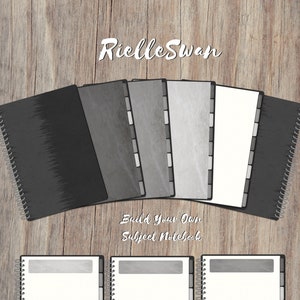 May include: A set of six black and gray spiral notebooks with dividers. The notebooks are arranged in a semi-circle with the text "Build Your Own Subject Notebook" below them. The notebooks are on a woodgrain background.