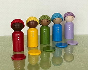 Inclusive and Diverse 2”Peg Dolls with Color Matching Crocheted Hats /Set of Wooden Dolls/Montessori/Waldorf/Color Sorting Educational Toy