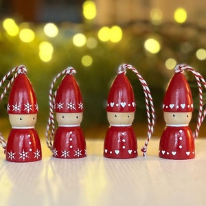 Set of 2 Hand-painted Wooden Christmas Gnomes/2.75”Wooden Scandinavian Santa Ornaments/Holiday Decorations/Holiday Gifts/Stocking Stuffers