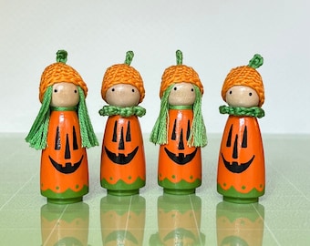 Hand-Painted Pumpkin Peg Doll in Crocheted Hat: Halloween Keepsake Figurine, Trick or Treat Gift