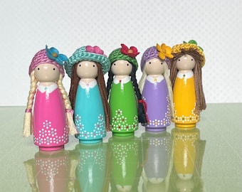 Hand-Painted 2" Flower Peg Doll: Crochet Hat, Unique Keepsake Doll