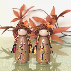 Autumn Tree Peg Doll: Hand-Painted Miniature Keepsake with Crocheted Hat