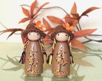Autumn Tree Peg Doll: Hand-Painted Miniature Keepsake with Crocheted Hat