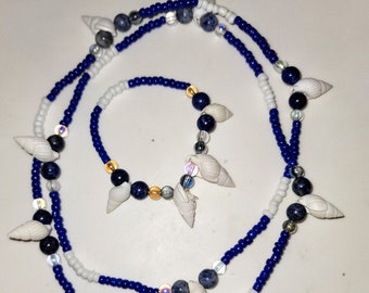 Yemaya Orisha of the Ocean Necklace and Bracelet Set with Seashells | Spiritual Blue and White Beads | Sodalite Beads