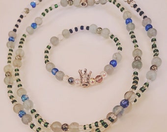 Olokun Necklace & Bracelet Set | Wealth | Prosperity | Green Fluorite Beads | Orisha Of Wealth and Ocean