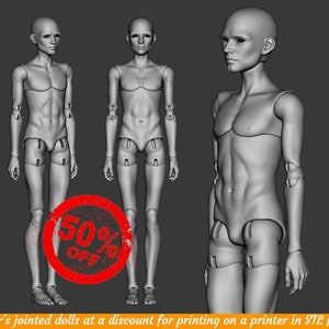 May include: Three grey, articulated doll models are shown against a dark grey background. The dolls are in different poses, highlighting their jointed design. A red circle with "50% OFF" is stamped on the image. The text at the bottom reads "Author's jointed dolls at a discount for printing on a printer in STL format."