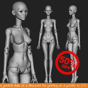 May include: Three 3D printed articulated dolls in a grey colour. The dolls are posed in different positions. The dolls are 50% off.