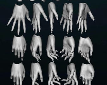 May include: A set of 18 3D printed hands in various poses, each with long, slender fingers and pointed nails. The hands are printed in a light gray color and appear to be made of a smooth, plastic-like material.