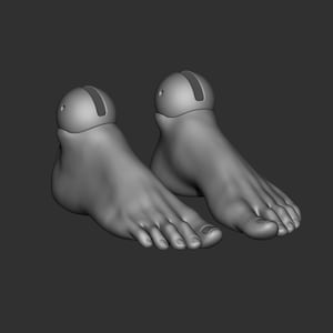 May include: Two gray 3D printed feet with rounded toes and a smooth surface. The feet are connected to a round, gray base.