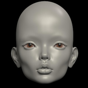 May include: A 3D-rendered, smooth, gray doll head with brown eyes, a small nose, and slightly parted lips. The ears are detailed, and the head is bald. The background is solid black, emphasizing the doll's features.