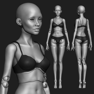 Puede incluir: Un modelo digital 3D de una muñeca articulada calva con rótulas que lleva un sujetador oscuro y ropa interior a juego. La figura se muestra en un primer plano, una vista frontal de cuerpo completo y una vista trasera sobre un fondo gris.