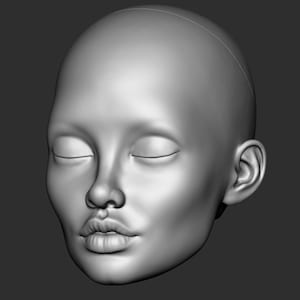 May include: A grayscale 3D-rendered model of a human face with closed eyes. The face has full lips, a prominent nose, and a visible ear. The smooth surface suggests a digital sculpture or a prototype.