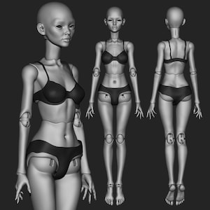 May include: A gray ball-jointed doll figure shown from three angles, including a close-up, a full front view, and a full back view. The doll has a smooth, matte finish, articulated joints at the shoulders, elbows, hips, and knees, and wears a dark bra and briefs.