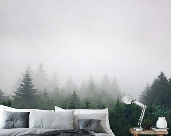 Misty Forest Woods Landscape Wall Mural / Peel and Stick Self-Adhesive or Nonwoven Wallpaper / Headboard Forest Mist Decoration Photowall